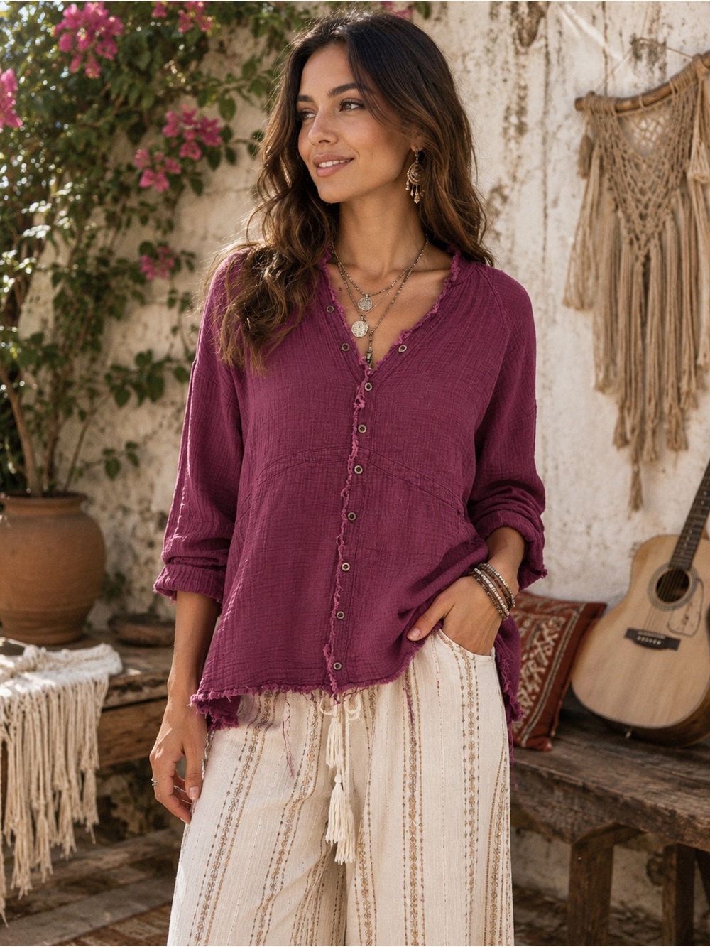 We The Free Button-Front Gauze Shirt in Plum